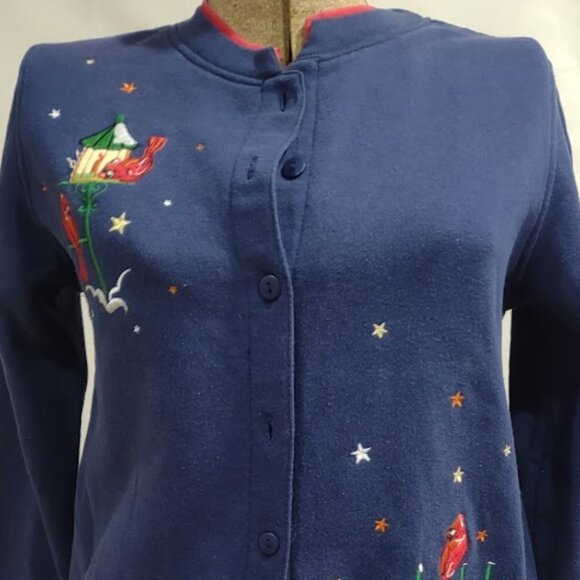 SHENANIGANS VINTAGE BLUE BUTTONED SWEATSHIRT CARDIGAN EMBROIDERY CARDINALS SMALL - Picture 2 of 11